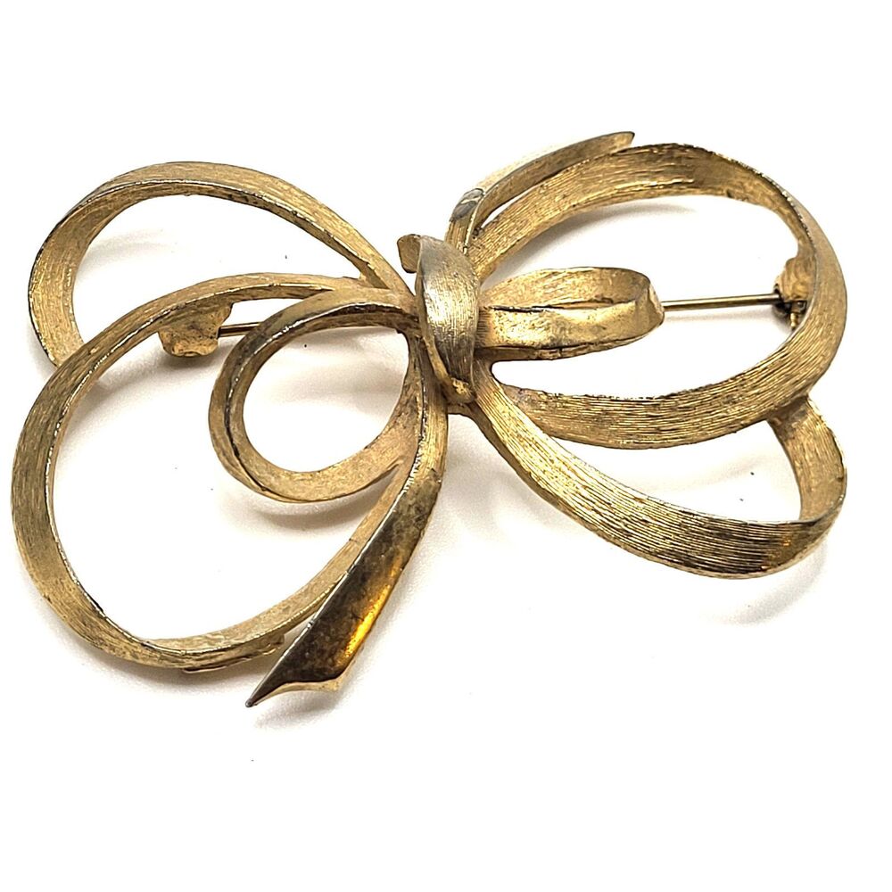 Vintage Brushed Gold Bow Signed PELL 3in wide by 2in wide